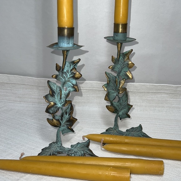 PARTYLIGHT VINTAGE BRASS PATINA IVY CANDLESTICKS WITH TAPER CANDLES